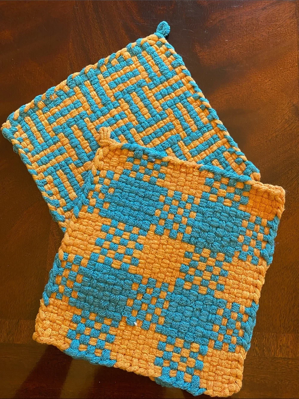 Handcrafted Blue and Orange Woven Cotton Pot Holders